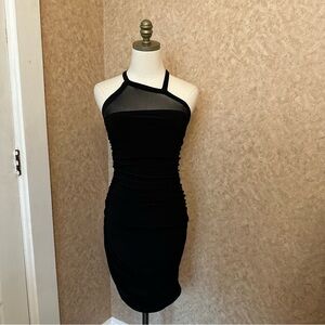 VTG Y2K 90s Black Asymmetrical Ruched Mesh Halter Bodycon Dress